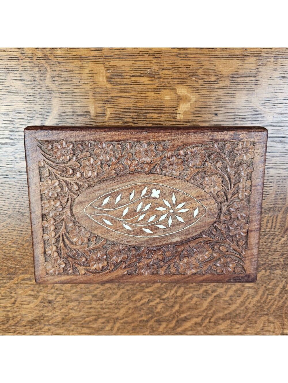 Vintage Nirmal India Hand Carved Wood Jewelry Box Floral Inlay 10"